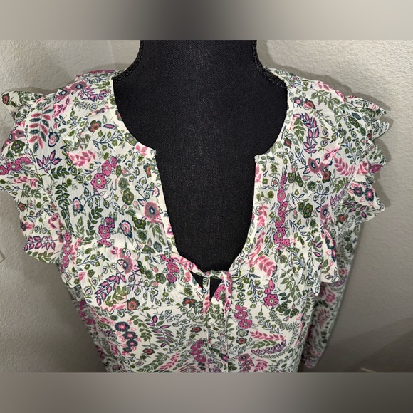 LOFT Pink and Green Petite Floral Scalloped Ruffle Cottagecore Blouse- Large - Picture 3 of 8